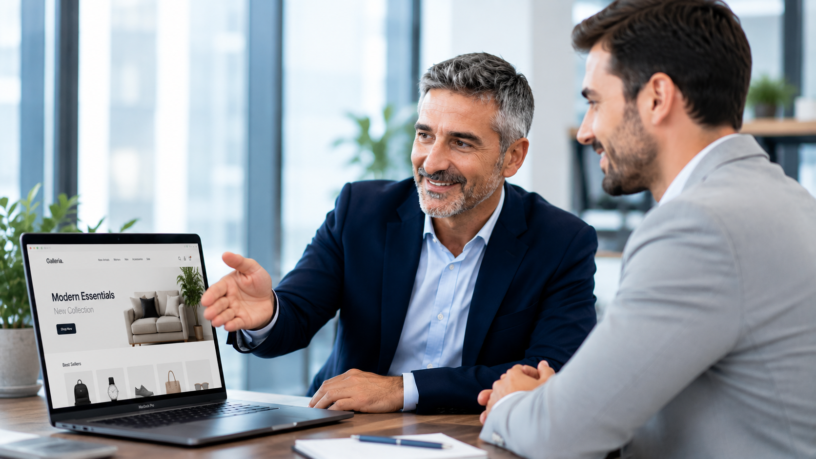 Maxime présentant le site e-commerce au client sur son ordinateur portable